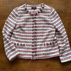 Talbots Tweed Bouclé Striped blazer , Pink & Black, Classic Fringe Trim”